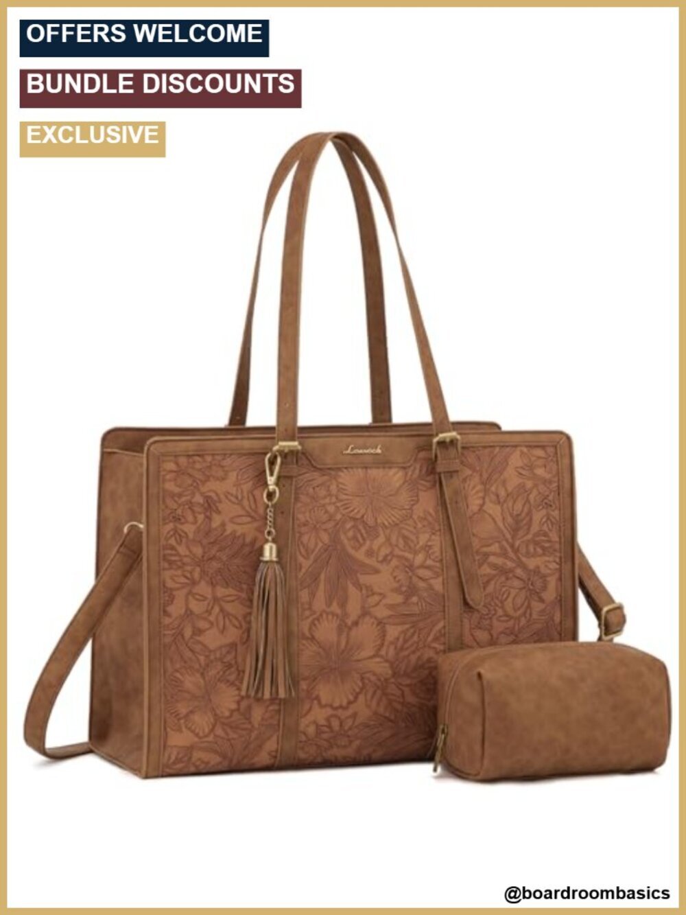 Vintage Faux Leather Laptop Tote with Cup Holder, Clutch Purse and Tassel